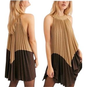 Free People Pleated Love Metallic Tan and Brown Mini Dress Size Medium NWT